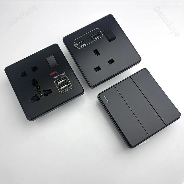 រន្ធសាកលឿនឆ្លាតវៃ USB Type-C ពណ៌ខ្មៅ 18W ជាសកល ឌុយពីរ 5 ម្ជុល កុងតាក់ភ្លើងជញ្ជាំងអន្តរជាតិចក្រភពអង់គ្លេស