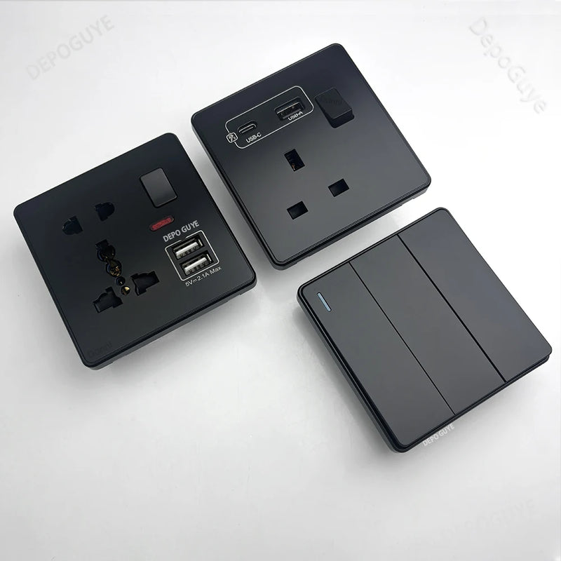 Universal Black USB Type-C 18W Smart Fast Charging Socket Double 5-pin Power Plug,UK  Electrical Internationa Wall Light Switch