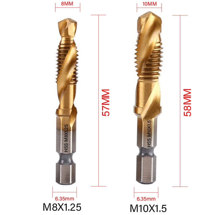 1/6Pcs Tap Drill Bit Set Hex Shank Titanium Plated HSS Screw Thread Bit Screw Machine Compound Tap M3 M4 M5 M6 M8 M10 Hand Tools 2Pcs Golden