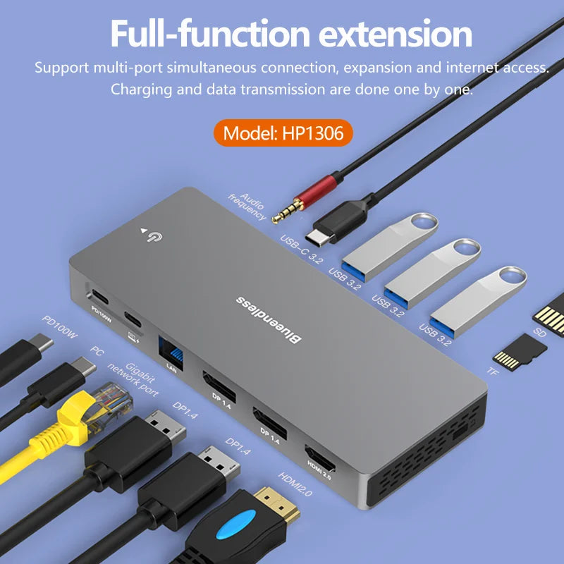 ស្ថានីយ៍ចត USB C របស់ Blueendless 4K HDTV អានកាត 13 ក្នុង 1 អាដាប់ទ័រប្រភេទ c PD 100W ឧបករណ៍បំបែកឆ្នាំងសាក Rj45 DP 1.4 USB3.0 មជ្ឈមណ្ឌលច្រើន