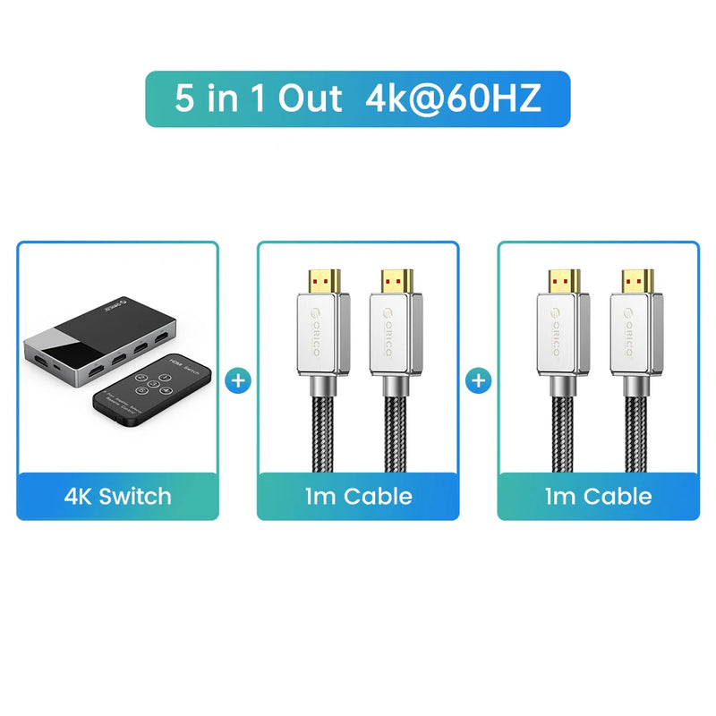ORICO HDMI-compatible 2.0 Switch 5 In 1 Out 4k@60HZ Switcher Converter for TV PS5 Xbox PC Fire Stick With IR Remote Control