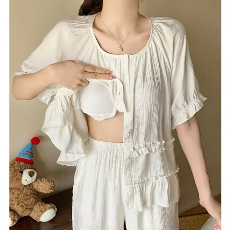 Summer New Short Sleeve Sleepwear Women's Button Cardigan Home Nightwear Casual Trousers Ladies Pajamas Suit Loungewear Pyjama