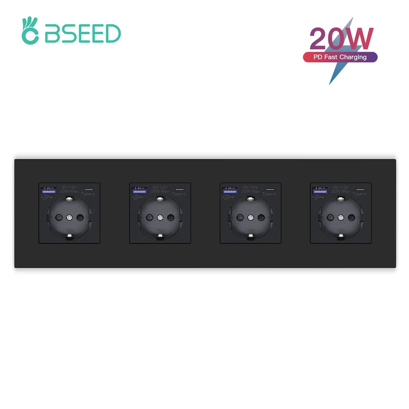 BSEED EU Standard Wall Socket Single Power Outlets USB Type-C Port 20W Fast Charge Plastic Panel Triple Electric Plugs 16A
