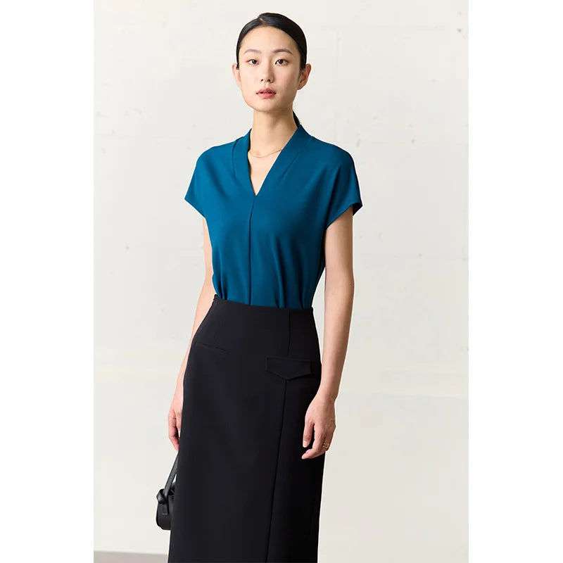អាវយឺត AMII Minimalism រដូវក្តៅឆ្នាំ ២០២៦ សម្រាប់នារី រចនាបថបុរាណ ក V ដៃខ្លី អាវ និងអាវយឺតលាត 12612011