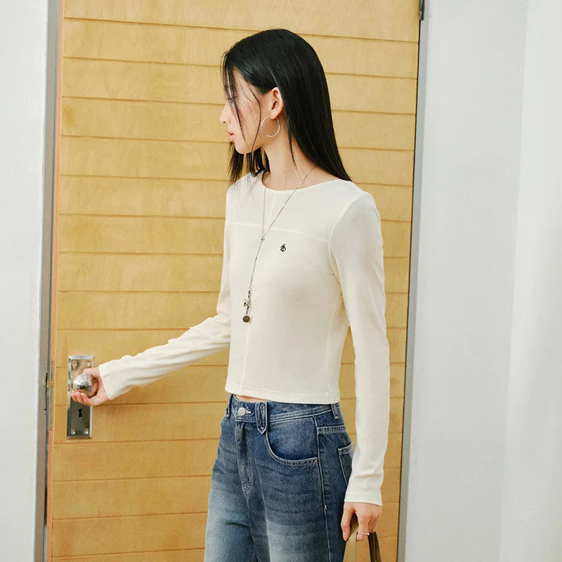Semir Stylish Tshirt Women 2026 Spring Short Boat Neck Slim Fit Embroidered Inner Layer Unique Design Versatile Top