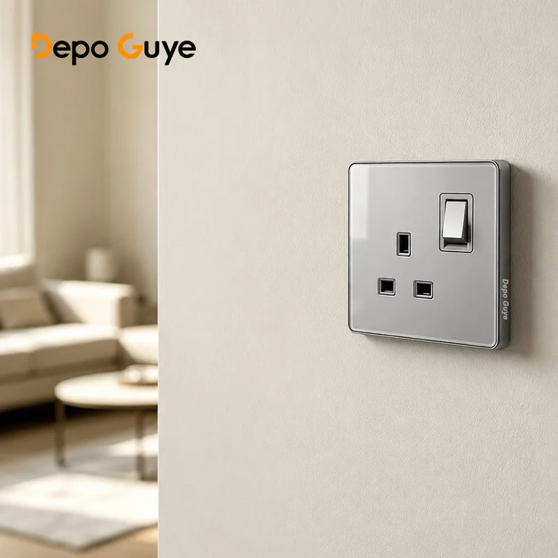 Deluxe Grey Tempered Glass Panel UK 13A Plug Electrical Socket, Double 5 Pin Socket and Switch, EU Universal USB C Wall Socket