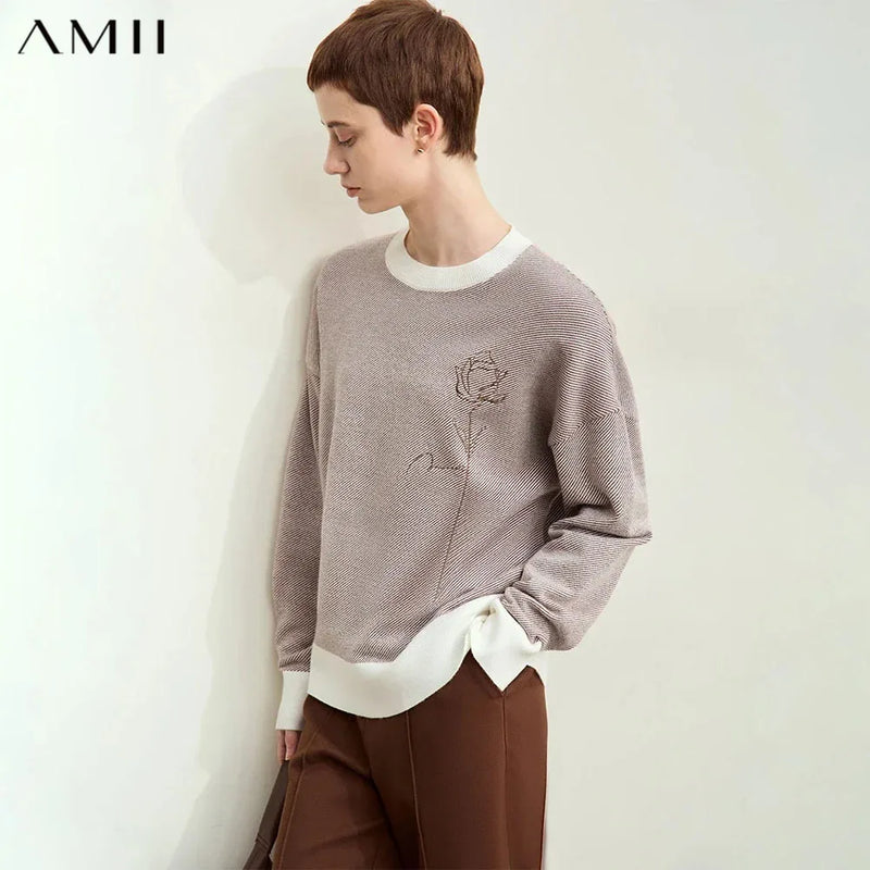 Amii Minimalism 2026 Autumn New Women Sweater Fashion Lazy O-Neck Rose Embroidery Color Contrast Drop Sleeve Loose Tops 12453063