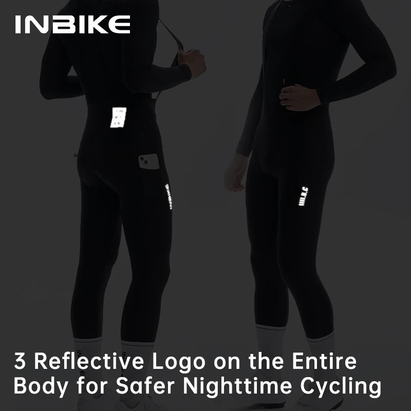 INBIKE Winter Fleece Cycling Suit Men Long Sleeve Jersey Bib Pants Set Road Bike Outdoor Sports Shockproof Padding with Pockets