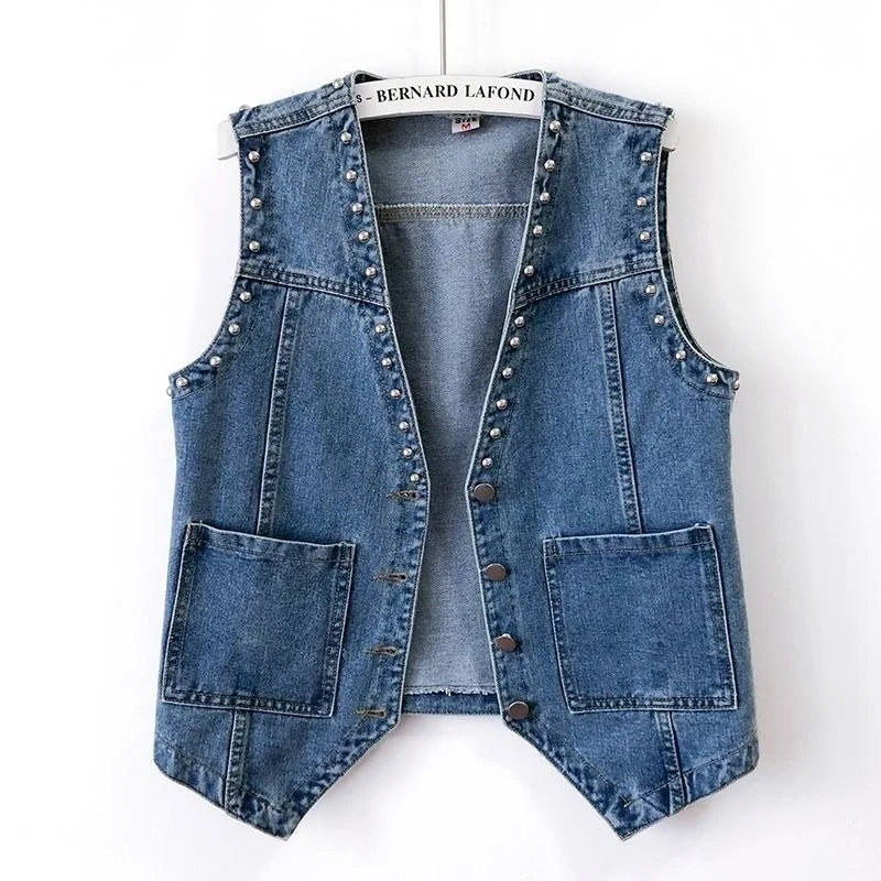 Fashion Rivet Denim Vest Women's Thin Short Spring Autumn Sleeveless Top Small Vest Outside Wear Jacket Female Waistcoat