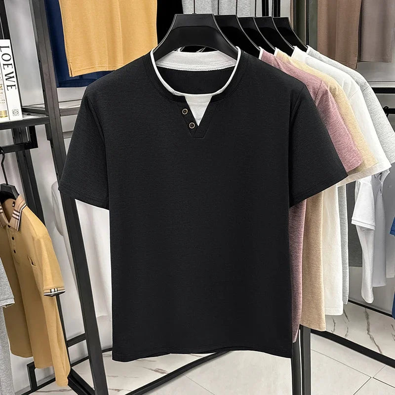 Mens Fake Two Piece Short Sleeve T Shirt Henley Neck Tops Casual Button Detail Tees For Men Daily Street Style Outfits