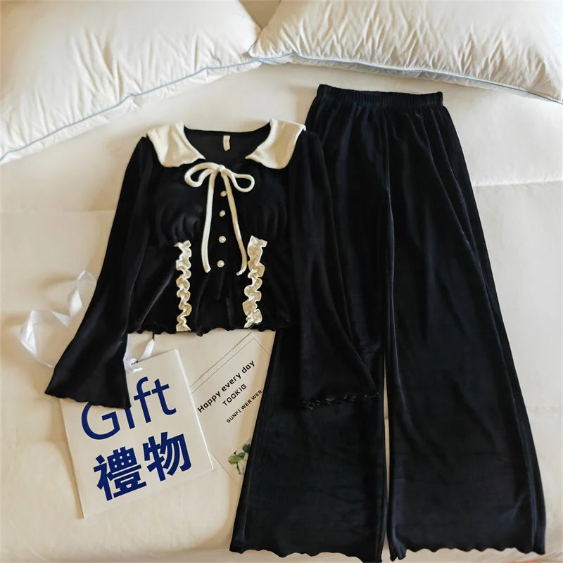 ឈុតគេងនារី Elegant Island Velvet Warm Women's Pajamas Set Chest Pad Top Home Suit For Women Nightwear Winter Sleepwear
