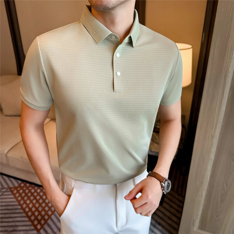 Men Summer Short Sleeve Striped Polo Shirt Slim Fit Elastic Solid Color Business Casual T-Shirt