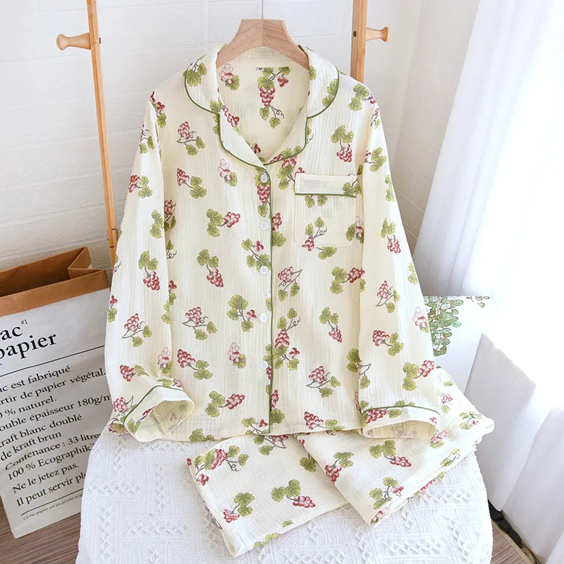 2026 Spring and Autumn Women's Pajama Set 100% Cotton Crepe Long sleeved Pants Two piece Cute and Sweet Ladies Home Fury Set