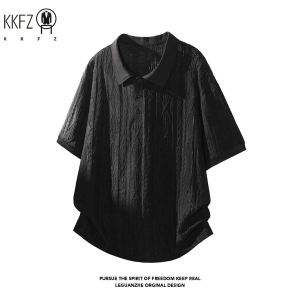 Men Lapel Collar Polo Short Sleeve Top Rhombus Jacquard Weave Partial Button Closure For Youth Casual Street Fashion Style