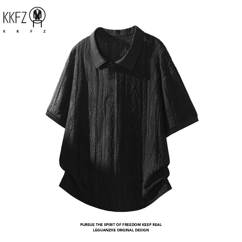 Men Lapel Collar Polo Short Sleeve Top Rhombus Jacquard Weave Partial Button Closure For Youth Casual Street Fashion Style