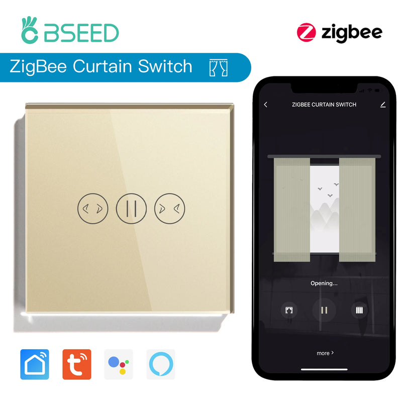BSEED Zigbee Curtain Switch Wireless Smart Curtain Switch Tuya Google Home Alexa Voice Control Glass Panel 5A With Neutral