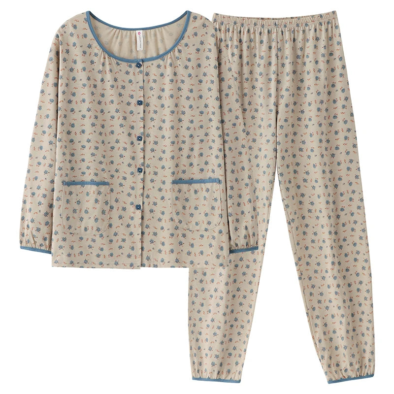 Spring Autumn O-Neck Pyjamas Female Pajamas Sets Elegant Floral Japanese Kimonos For Women Big Yards M-3XL Cotton Home Clothes