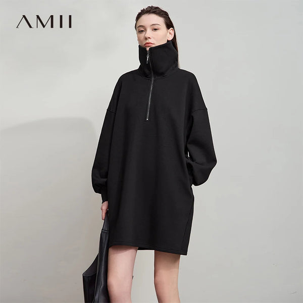 AMII Minimalist Grey Dresses For Women 2026 Autumn Large Turn-Down Collar Pullover Sports Dresses Loose Casual Dresses 12513003