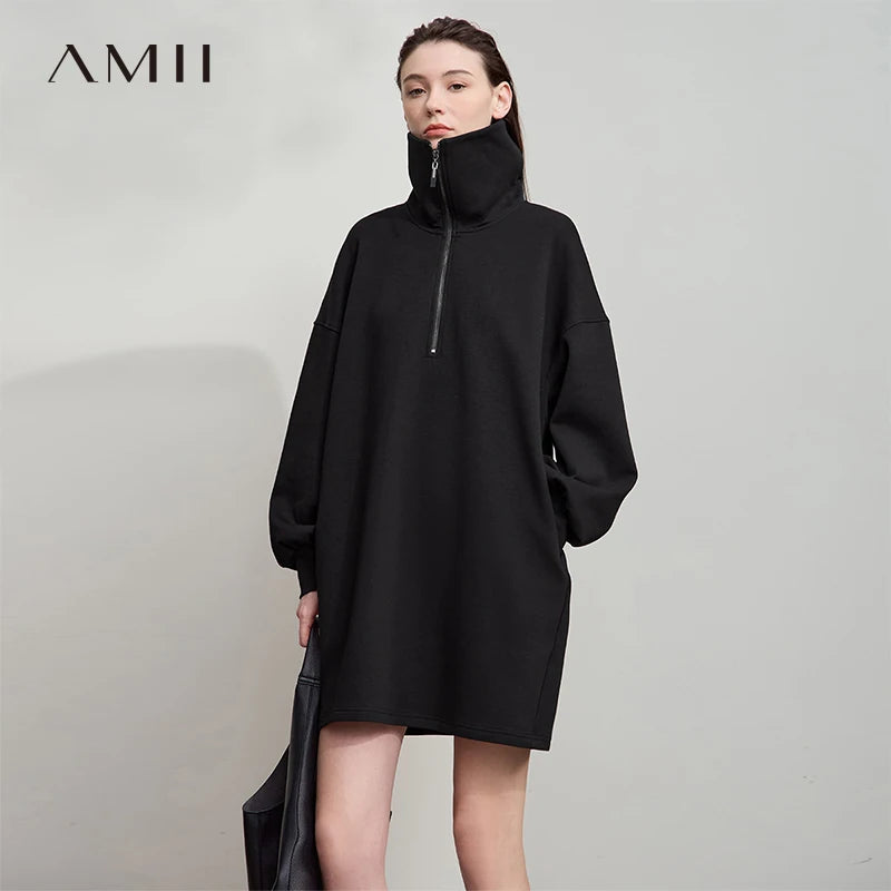 AMII Minimalist Grey Dresses For Women 2026 Autumn Large Turn-Down Collar Pullover Sports Dresses Loose Casual Dresses 12513003