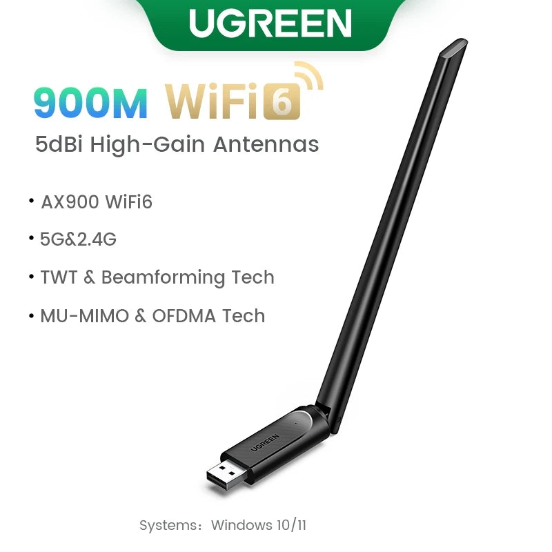 UGREEN WiFi Adapter AX900 AX1800 AC1300 WiFi6/5 5GHz&2.4GHz USB WiFi Dongle Antenna for Desktop Laptop USB Ethernet Network Card