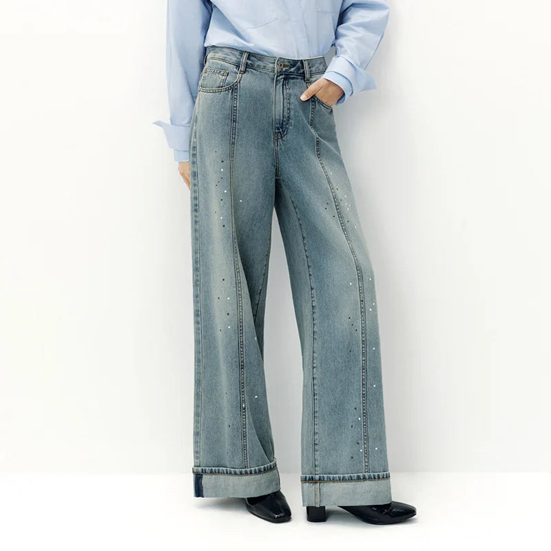 Semir Women Jeans Cuffed Split Wide Leg Loose Long Leg Look 2026 Autumn Street Style Soft Casual Denim Pants Daily Wear