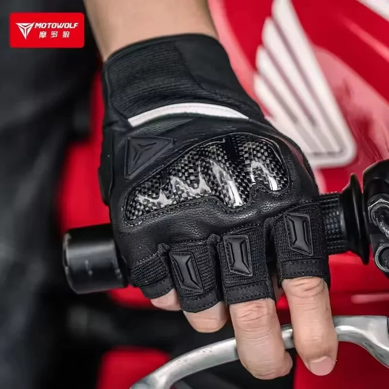 ស្រោមដៃជិះម៉ូតូរដូវក្តៅ Motowolf ស្រោមដៃពាក់ម្រាមដៃពាក់កណ្ដាលដែលអាចដកដង្ហើមបាន ស្រោមដៃស្បែកបែប Retro គ្មានម្រាមដៃ ស្រោមដៃកាបូនជាតិសរសៃប្រឆាំងនឹងការដួលរលំ