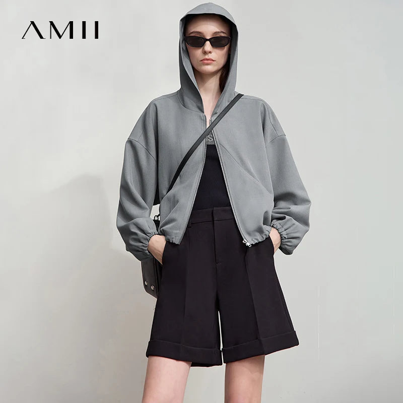 អាវធំ AMII សម្រាប់នារី សាមញ្ញ ងាយស្រួលប្រើ រដូវស្លឹកឈើជ្រុះ ឆ្នាំ២០២៥ អាវខ្លីថ្មី អាវក្រៅដៃវែង មានក្រណាត់ រលុង 12553002