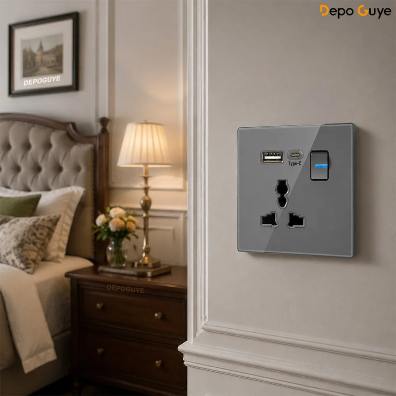 Grey Tempered Glass UK Standard 13A Wall Switch Socket with LED USB Type-C TV CAT6 Data Outlet British Electrical Wall Panel