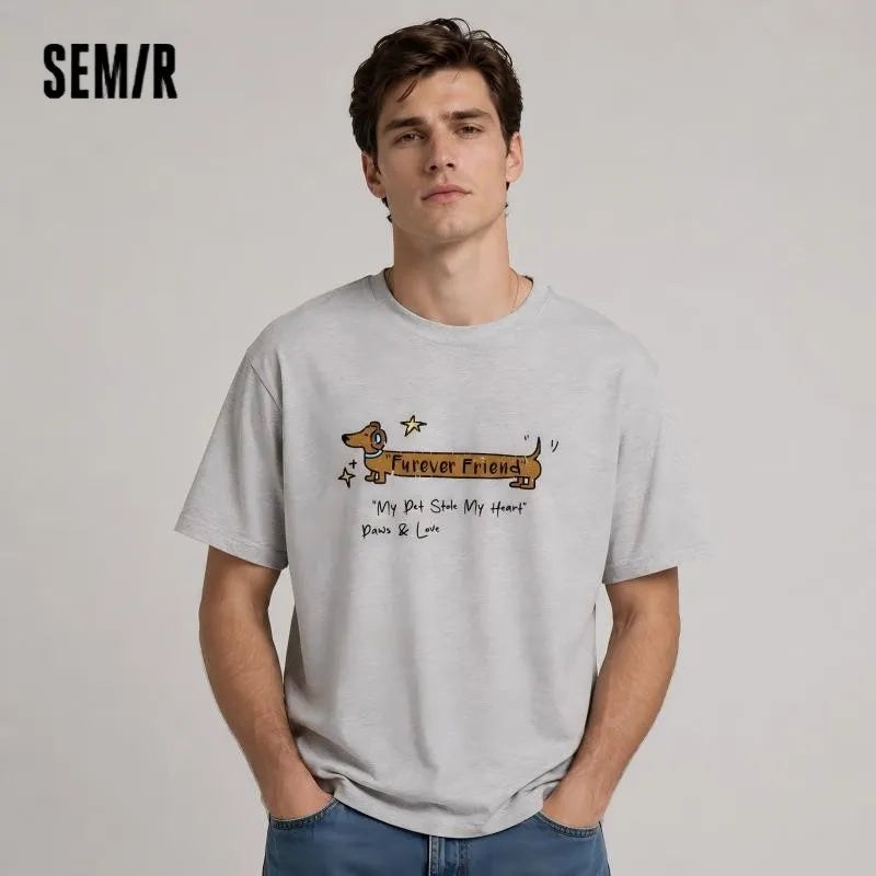Semir Mens Tshirt 2026 Vintage Cute Animal Letter Printed Knitted Loose Couple Style Casual