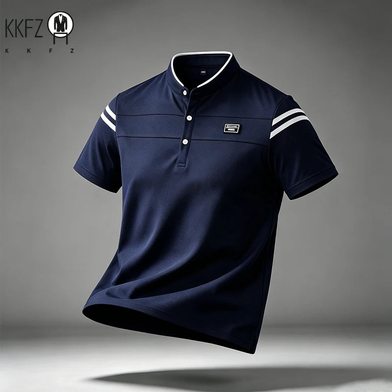 Mens Basic Stand Collar Short Sleeve Polo Top Sleeve Stripes Suitable For Vacation Short Trip And Multiple Leisure Scenes