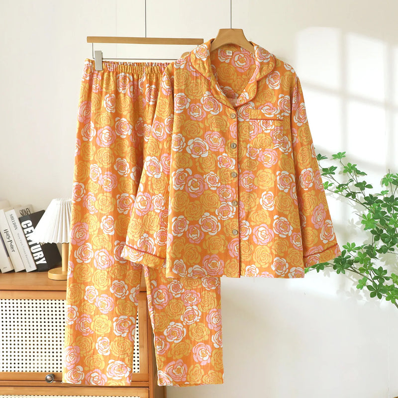 Retro Style Nighty For Woman Nightwear Autumn 2 Pcs Long Sleeves Lapel Women's Pajamas Cotton Sleepwear Comfort for Homewear