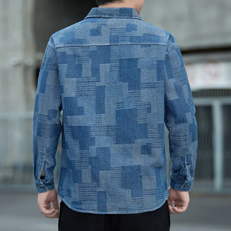 2026 Men's Blue Denim Long Sleeve Shirt,Black Single Breasted Lapel Plaid Shirts, Fashion Casual Loose Top