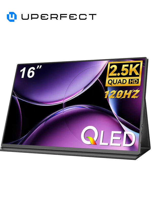 ម៉ូនីទ័រចល័ត UPERFECT QLED 2.5K ដែលបានធ្វើឱ្យប្រសើរឡើង ទំហំ 16 អ៊ីញ 8 Bits Matte IPS HDR Eye Care អេក្រង់កុំព្យូទ័រយួរដៃលេងហ្គេម ជាមួយ HDMI Type-C VESA