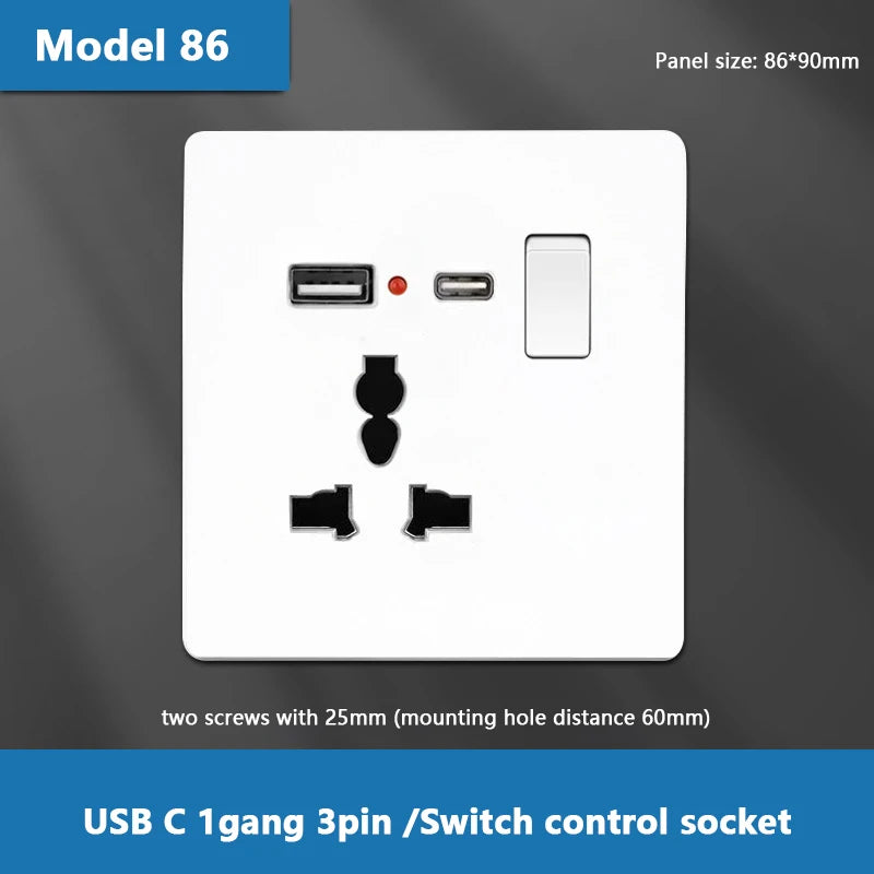 UK Standard Power Socket 13A Dual USB Plug Type-C Wall Outlet,1/2/3gang 2way Switch, White Universal 5pin Wall electrical socket
