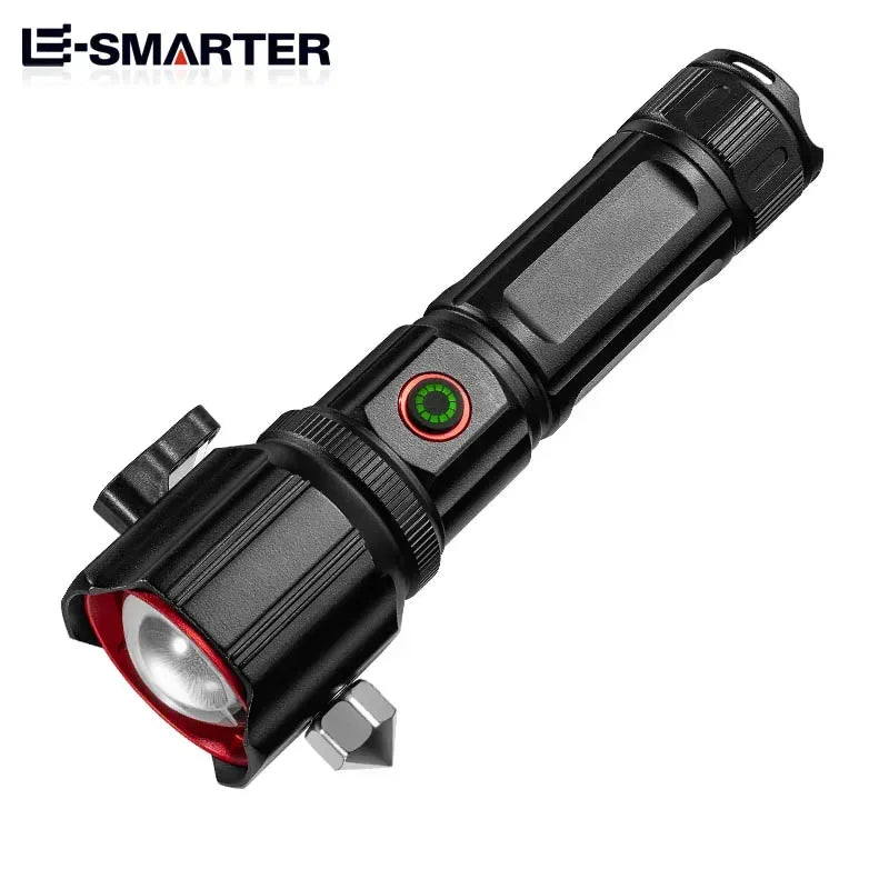 ពិល LED ពង្រីកថាមពលខ្ពស់ជាមួយការសាកថ្ម USB COB Safety Hammer ពហុមុខងារ ពិលឡាស៊ែរពណ៌សអាលុយមីញ៉ូមធន់នឹងទឹក