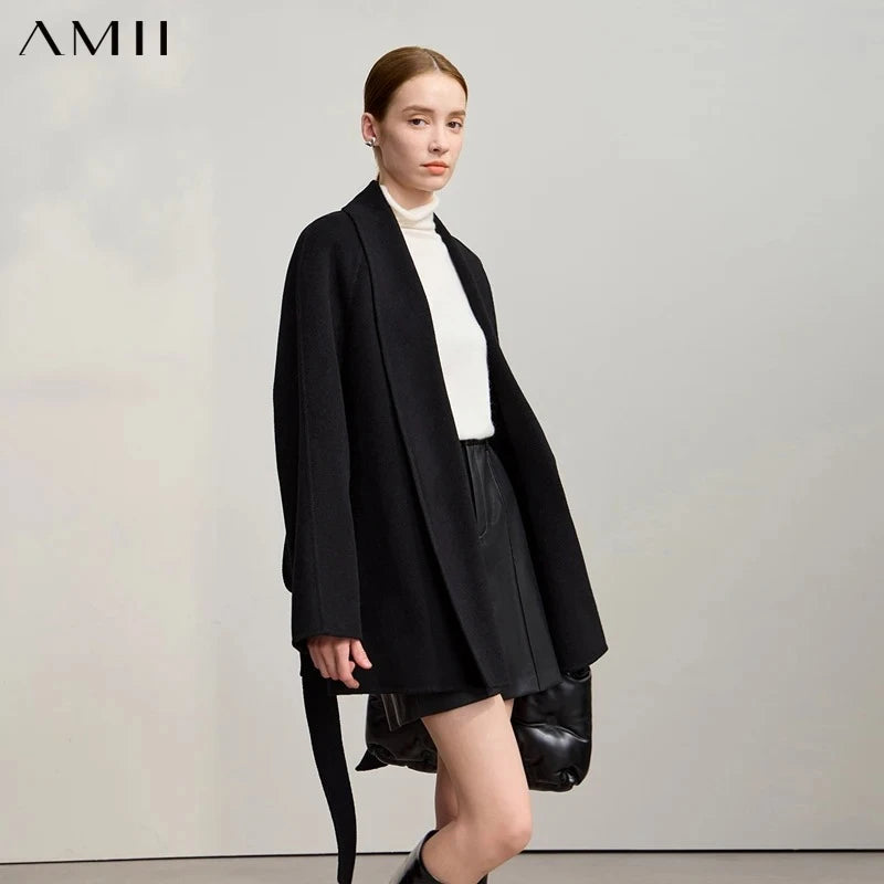 AMII Women's Coat 2026 Winter New V-Neck Long Sleeves Ladies Tops Loose Solid Ladies Tops 100% Wool Women's Woolen Coat 12524075