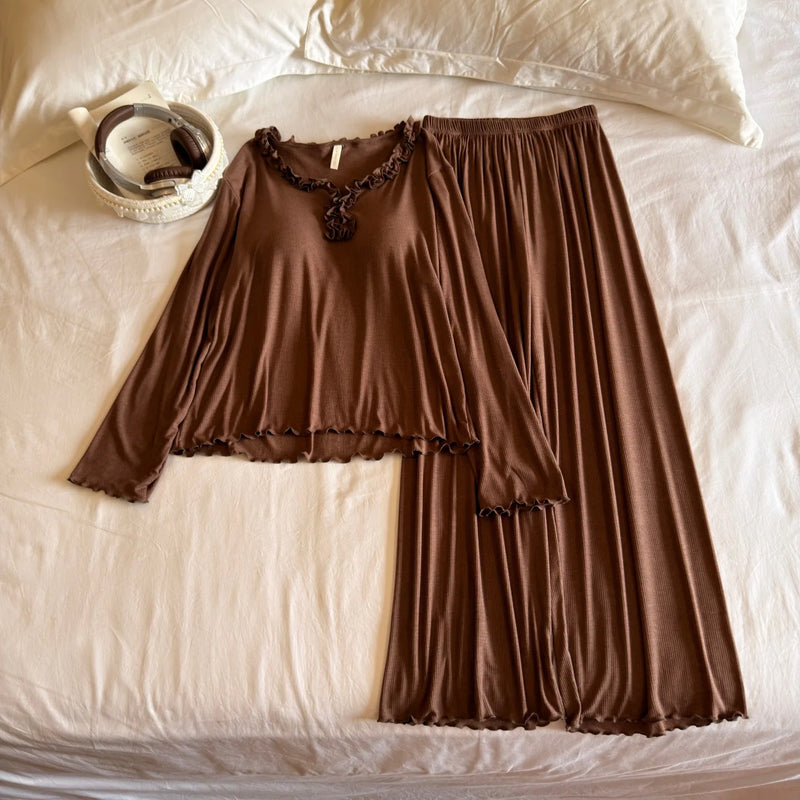 Modal Loungewear Sets Woman Pajama Two-piece Chest Pad Home Wear Autumn Ladies Pyjamas Long Sleeve Sleepwear Female Sleeping