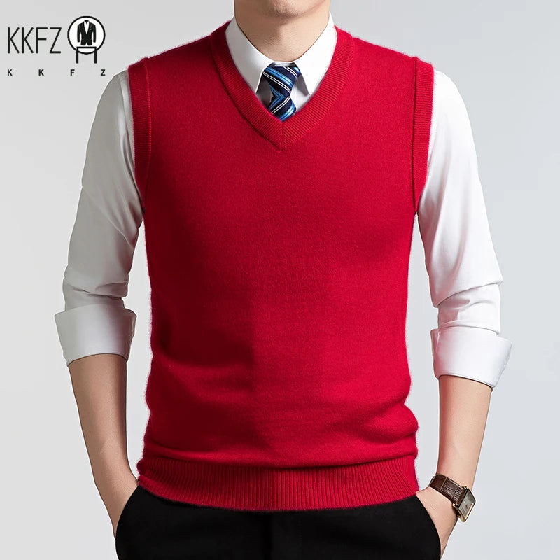 V Neck Sleeveless Wool Knit Vest For Men Soft Handfeel Knitwear Business Formal Sweater Tank Top Autumn Layering Clothes