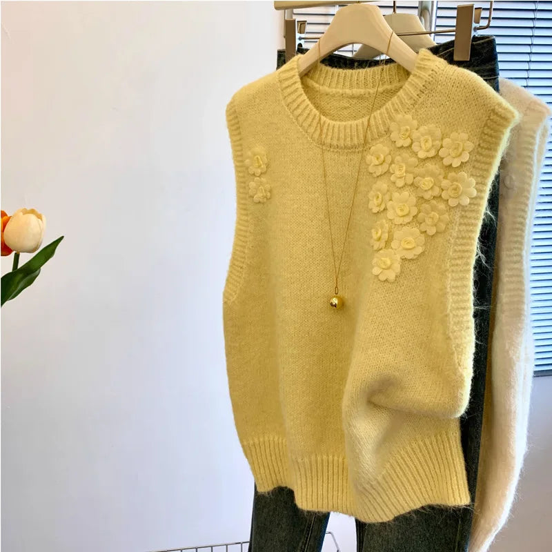 Three-dimensional Flower Knitted Vest Women's Autumn Winter Lazy Wind Soft Stacked Wearing Sweater Ladies Knit Sleeveless Top