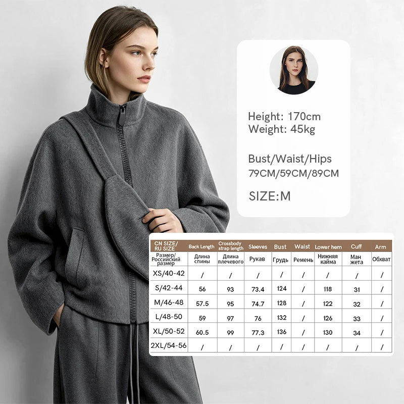 Amii Women Double-Faced Wool Coat Stand Collar Oversized Winter Commuter Top with Bag 2026 Women's Short Coat 12624030