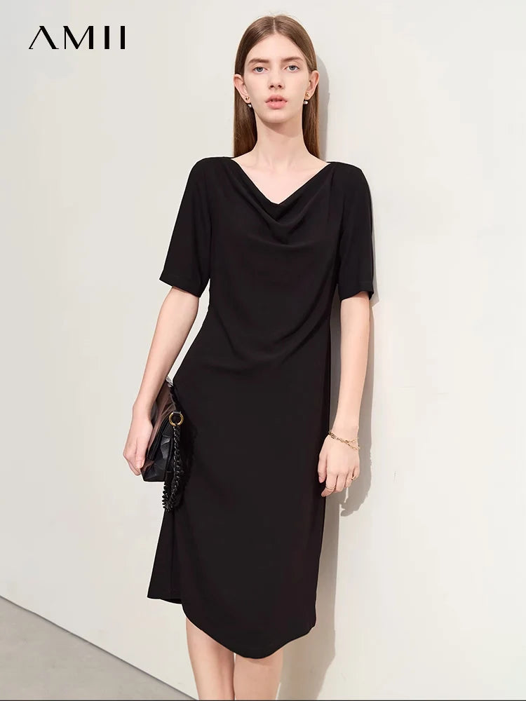 រ៉ូប Amii Minimalism A-Line សម្រាប់ស្ត្រីរដូវក្តៅឆ្នាំ ២០២៥ រ៉ូបការិយាល័យថ្មីសម្រាប់នារីការិយាល័យកអាវពាក់កណ្តាលដៃអាវស្តើងយឺត ១២៤៤២១០៦