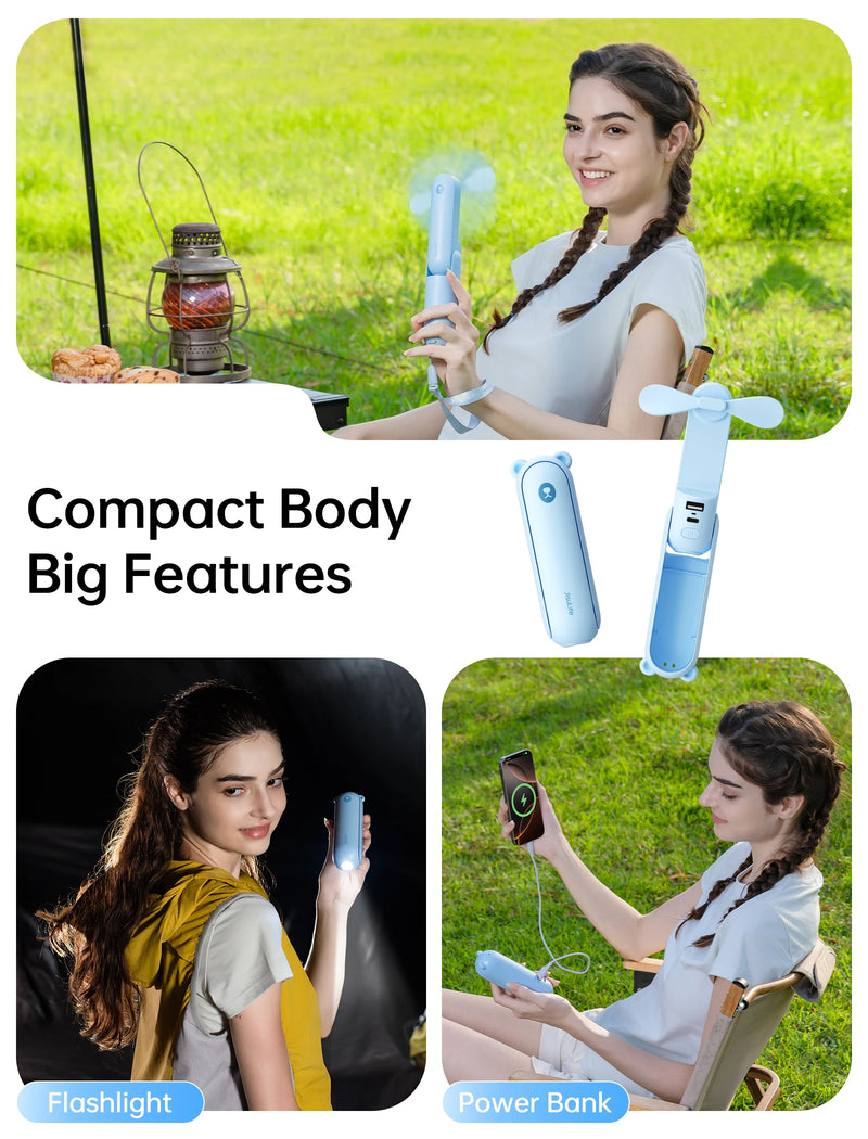 JISULIFE Handheld Fan, 4500mAh Battery 37hrs Runtime, 3 Speeds, Pocket Portable Folding Personal Fan with Power Bank Flashlight