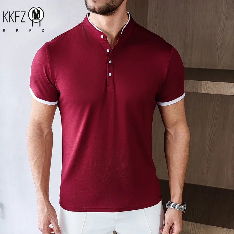 2025 New Men's Casual and Fashionable Solid Color Short Sleeved Stand Up Collar T-shirt Summer Versatile and Comfortable Top