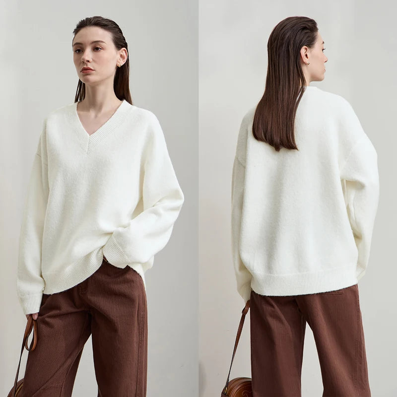 AMII Women's Sweater 2026 Autumn New Casual V-neck Knitted Women's Clothing Long Sleeve Loose Versatile Basic Top Female12553039