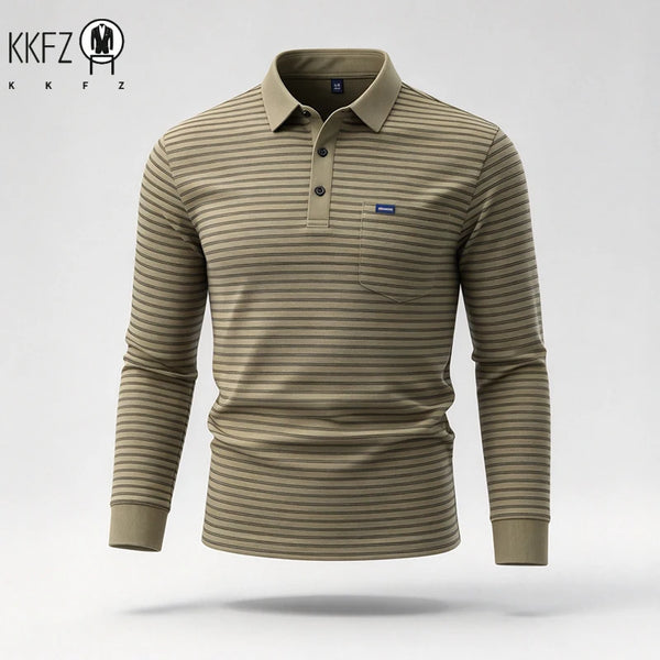 Mens Lapel Collar Long Sleeve Striped Polo Shirt With Chest Pocket Soft Handfeel Top For Business Wear In Autumn