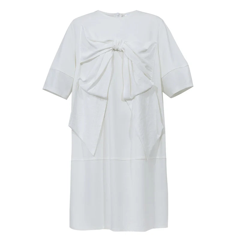 Amii Mini Dress Elegant Bow Detail O-Neck Short Sleeve 2026 Summer New Womens Dresses Casual Patchwork Woman Clothing 12652048