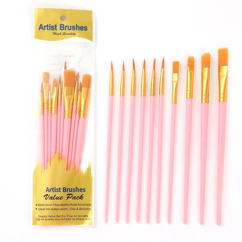 10 Pcs Nylon Hair Paint Brushes Set, Pearl Plastic Handle Watercolor Oil Acrylic Painting Brush for Students Beginners