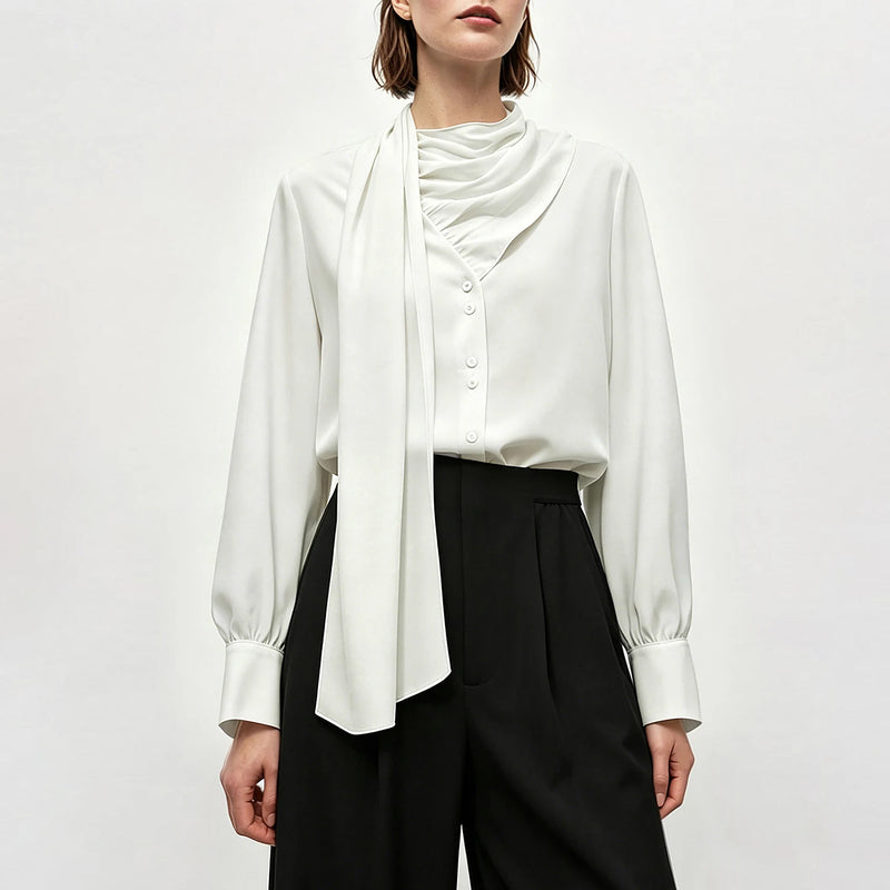 Amii Women's Blouse 2026 Autumn New V-Neck Elegant Long Sleeve Chiffon Top With Tie Neck Loose Flowy Shirt For Women 12653004