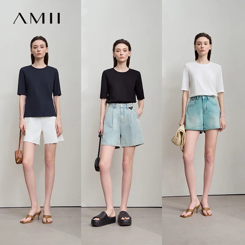 AMII Minimalist Cotton Black T-Shirt for Women 2025 Office Lady O Neck Plain Knit Tee Tops Female Clothes Summer Wear 12522172