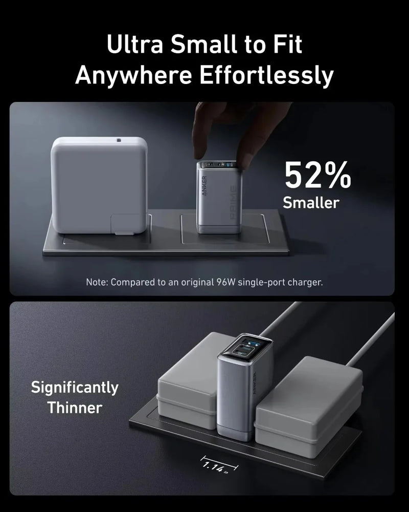 ឆ្នាំងសាក Anker Prime GaN 100W 3 រន្ធ USB C PD Fast Charger ឧបករណ៍ភ្ជាប់ថាមពលជញ្ជាំងច្រើនរន្ធសម្រាប់កុំព្យូទ័រយួរដៃ iPhone Samsung ស្មាតហ្វូន
